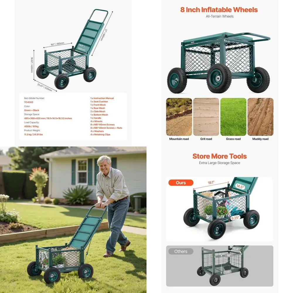 

Heavy-Duty Metal Garden Cart with Seat, 400 lbs Capacity, Wheeled Outdoor Scooter for Lawn and Patio Use