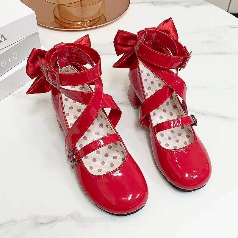 Zapatos de Cosplay de Anime Puella Magi Madoka Magica Kaname Madoka para mujer, botas de cuero de tacón alto con lazo rojo Lolita, utilería para disfraz de Halloween