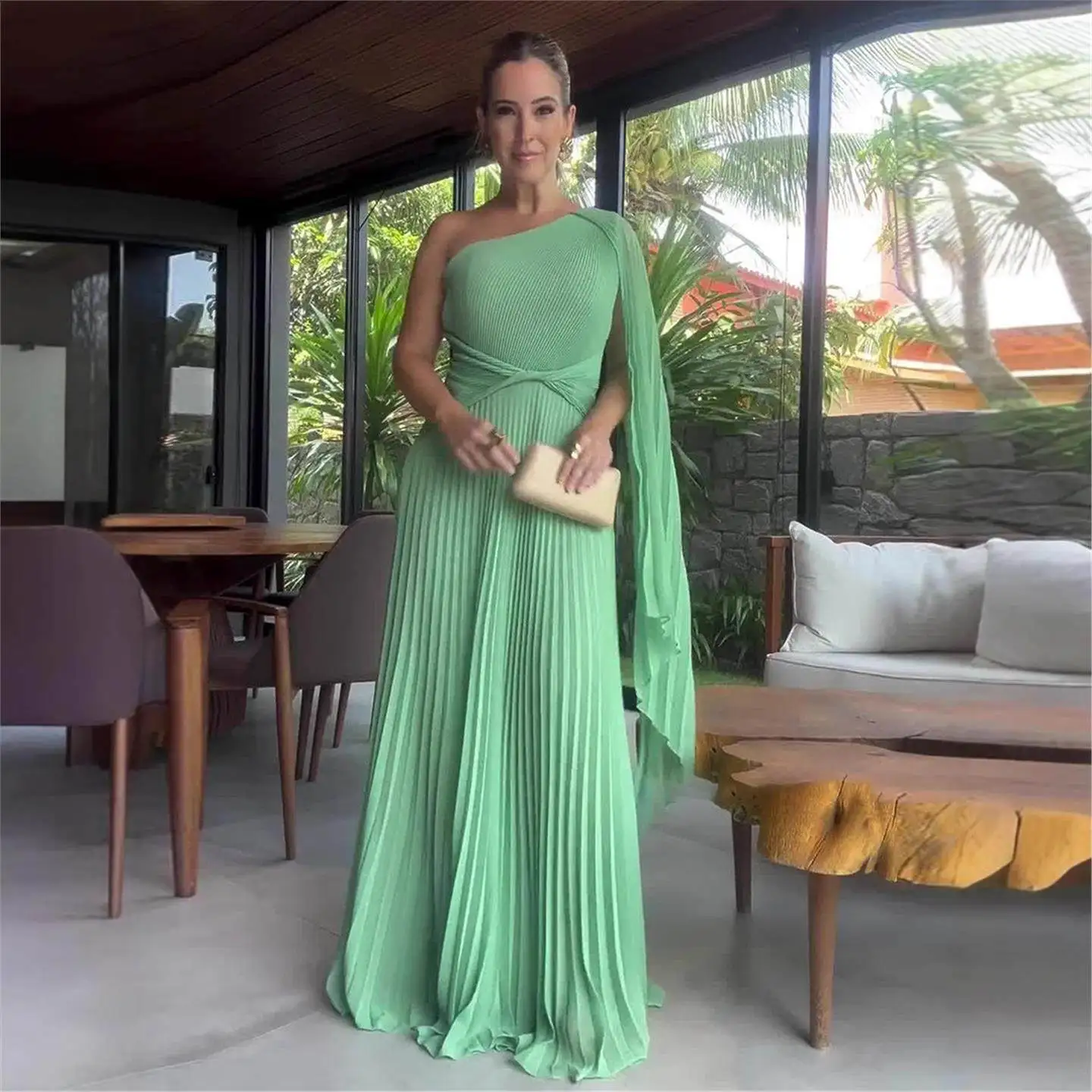 

Summer 2024 Faionable Color Long Dr Slim Fit oulder Insert Sve Waist Cinched Gown Street Sle H Version