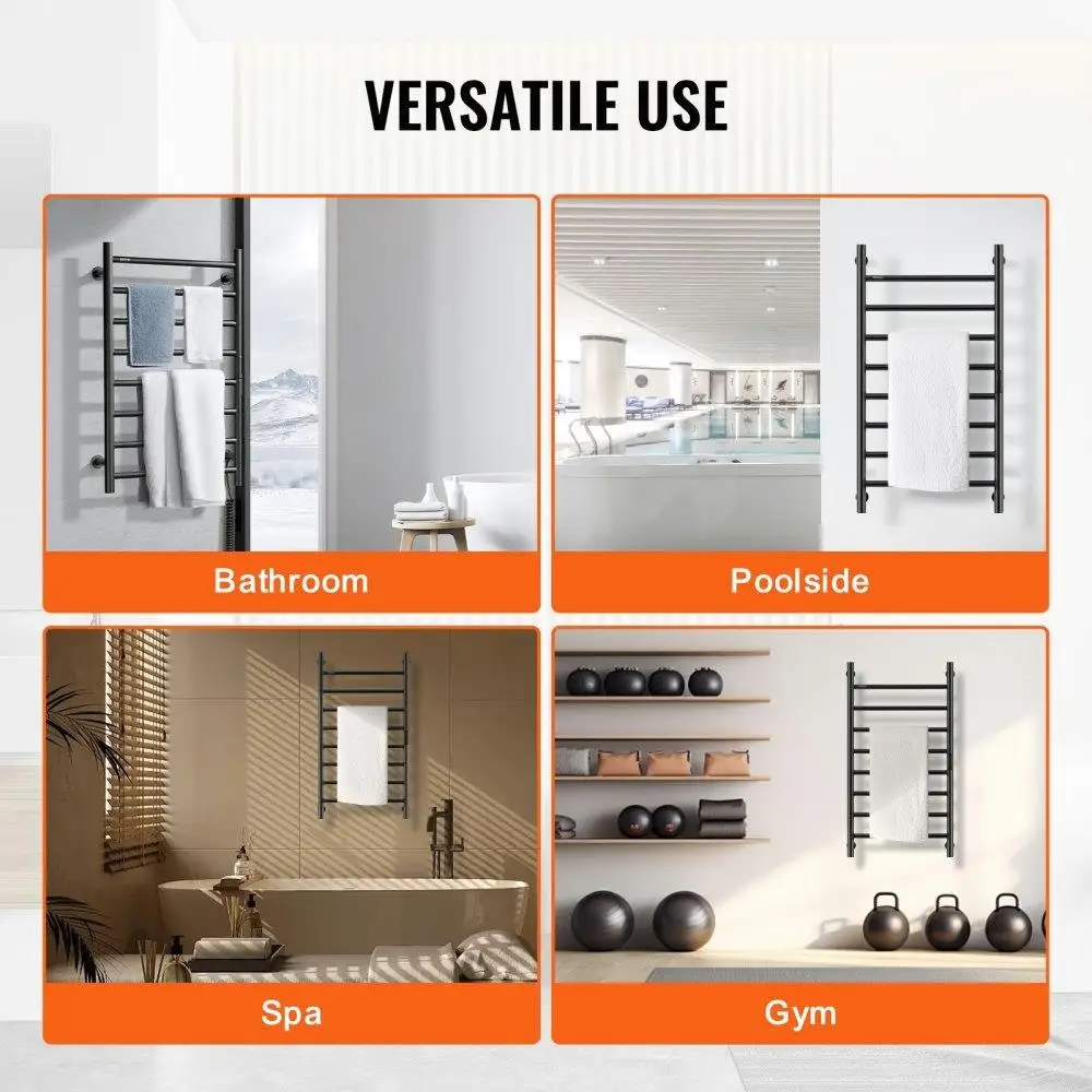 Portasciugamani riscaldato a parete con portasciugamani a 8 barre per bagno nero