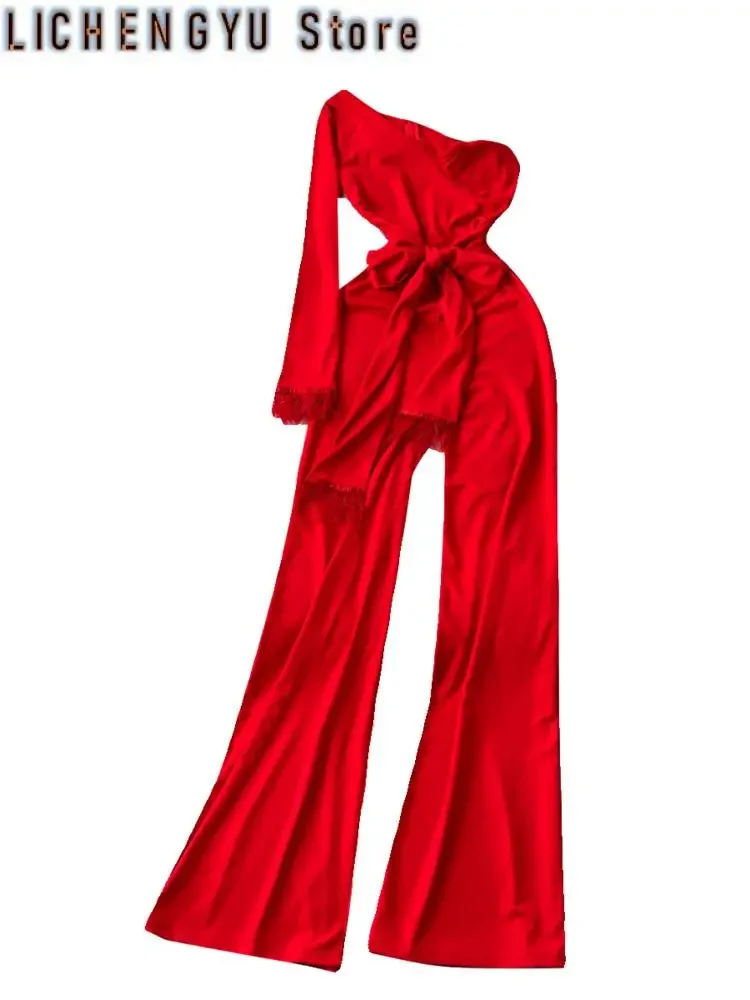 New elegant style chic jumpsuit women diagonal collar long-sleeve burr patchwork high waist jumpsuits winter spring