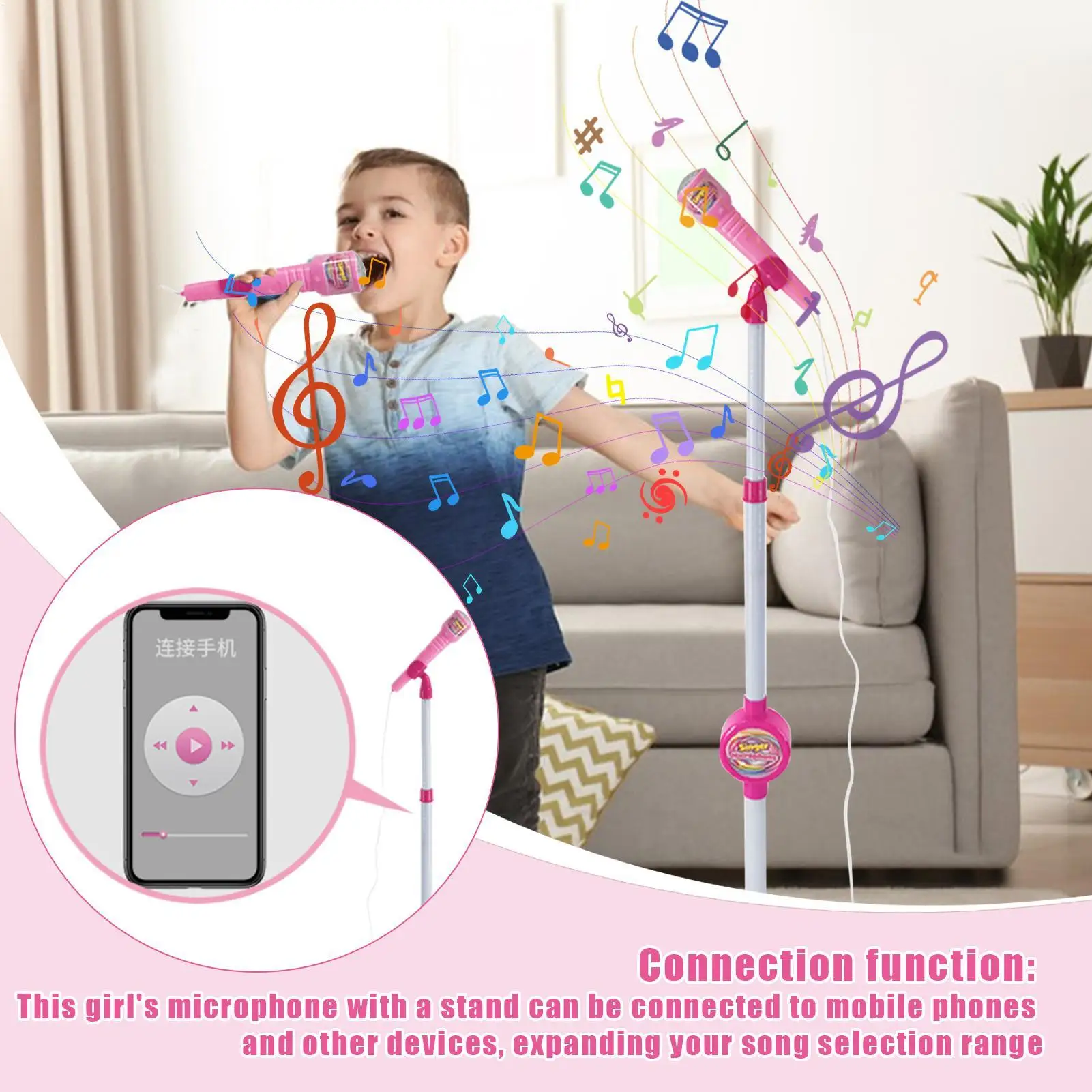 ไมโครโฟนสำหรับเด็กพร้อมขาตั้ง เครื่องคาราโอเกะ ของเล่นเครื่องดนตรี ของเล่นเสริมพัฒนาการ ของขวัญวันเกิดสำหรับเด็กหญิงและเด็กชาย