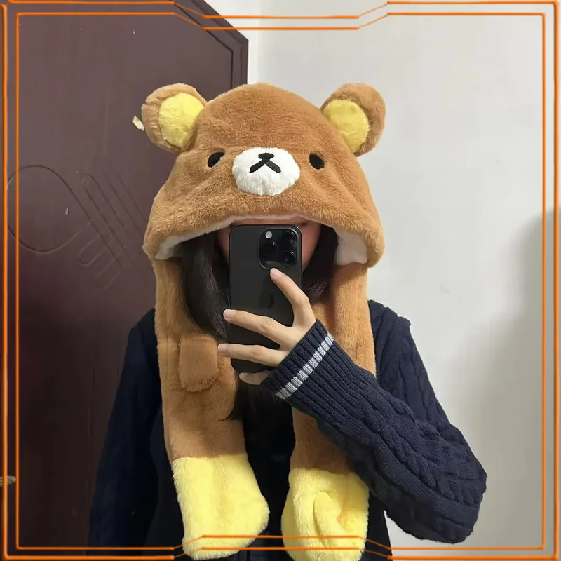 Rilakkuma – ensemble écharpe et chapeau en peluche épaisse Double couche, écharpe de cou chaude à capuche avec Protection des oreilles pour cadeau de Cosplay par temps froid