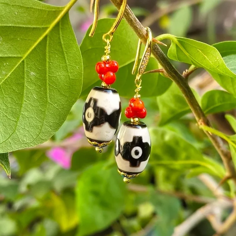 3-line Tancheng 3-eye Totem Agate Dzi Beads S925 Earhook String Tibetan Style Women's Earrings Free Shipping