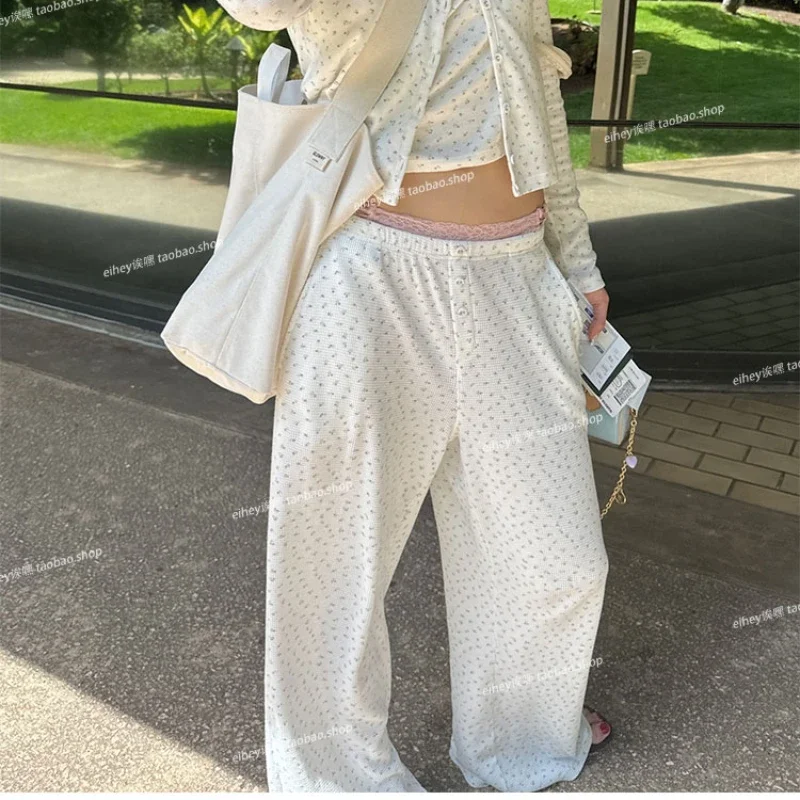 

Korean Floral Printed Sweet Wide Leg Pants Women 2024 Autumn New Streetwear High Waist Button Loose Casual Pants