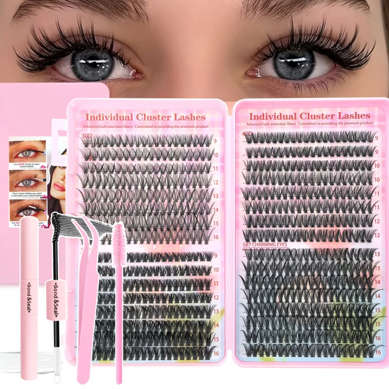 640個入りDIYまつげエクステキット - 9-16mmミックス30D、40D、50Dつけまつげ、接着剤とピンセット付き、再利用可能、簡単に装着可能
