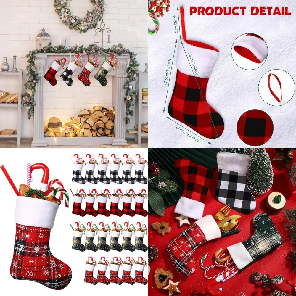 Mini medias navideñas a cuadros de búfalo de 7 pulgadas, paquete a granel de 100 calcetines pequeños rústicos a cuadros rojos y verdes para decoración navideña