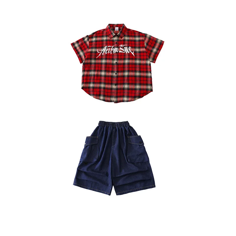 Vêtements Kpop Hip Hop pour enfants, chemise ample à carreaux rouges, Streetwear bleu, short en Denim pour filles et garçons, Costume de danse Jazz
