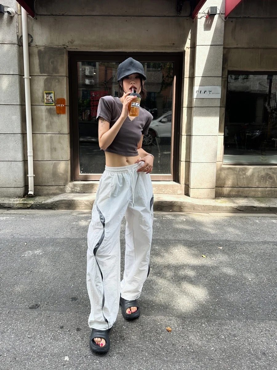 

Летние свободные брюки Tristine2023 с широкими штанинами и завязками, женские уличные повседневные брюки в стиле колор-блок, с высокой талией, длинные