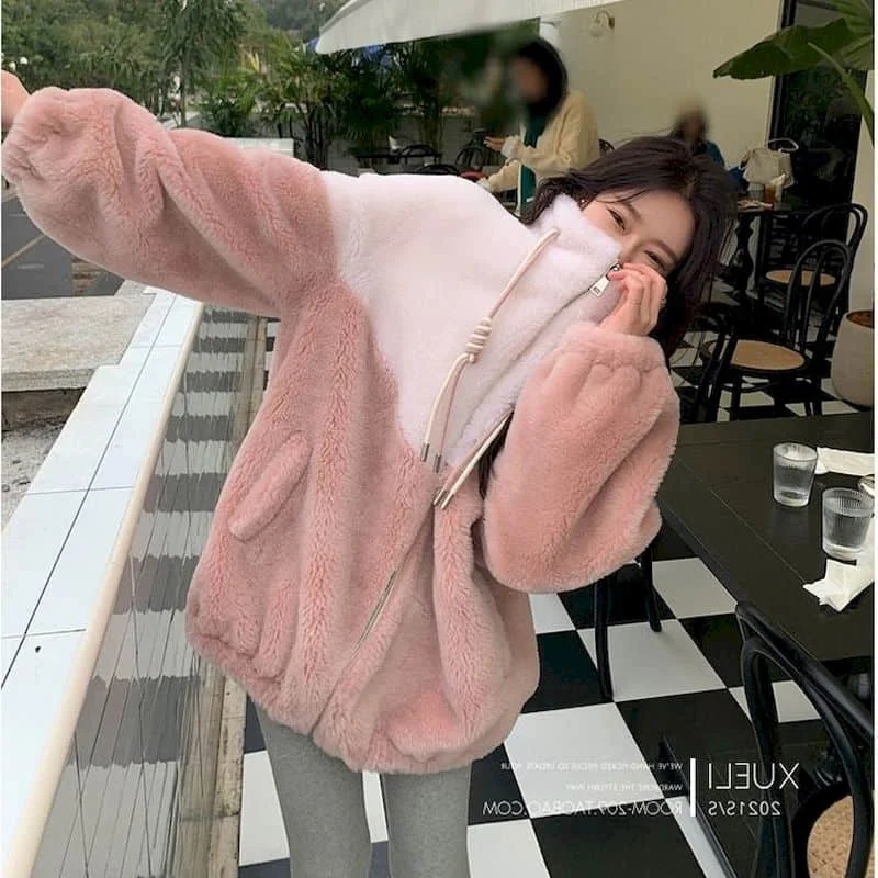 Plush Coats for Women Loose Stand Collar Long Sleeved Casual Vintage Jackets Oversized Fluffy Winter Clothes Women Fashion Coats