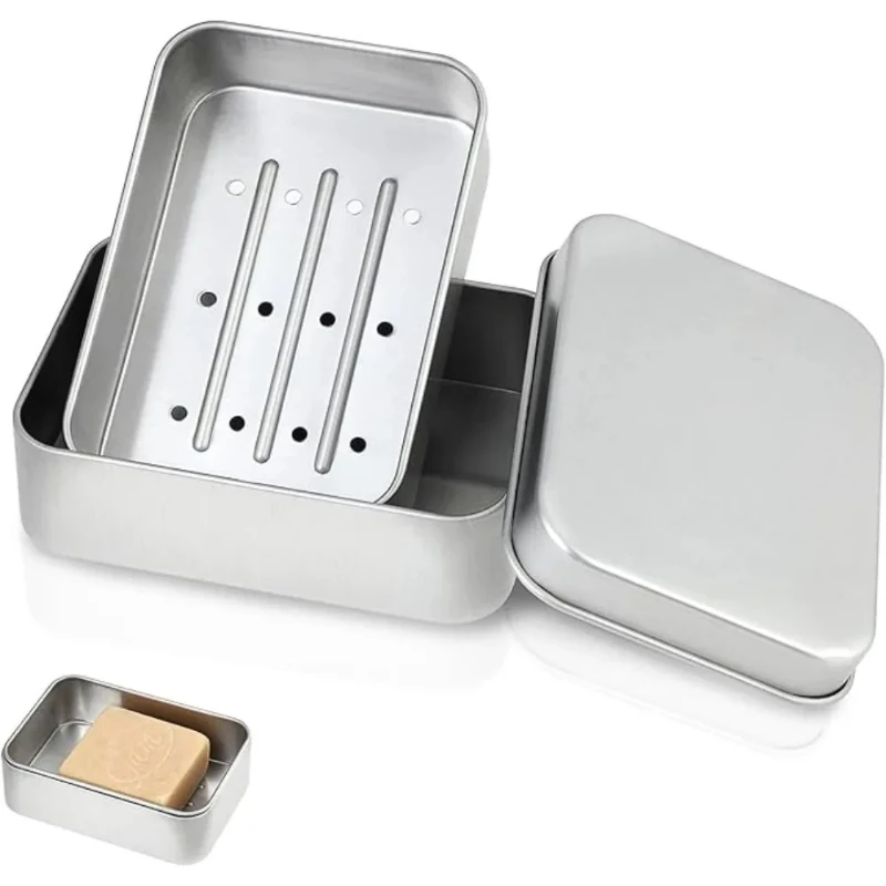 Portable Aluminum Soap Box Double Layer Drainable Soap Container with Cover for Hotel Travel Camping
