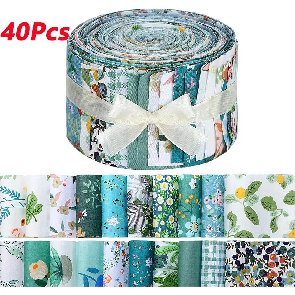 40Pcs Green Printed Precuts Fabric Jelly Rolls Sewing Material 6.3x25CM Patchwork Strips DIY Cotton Craft