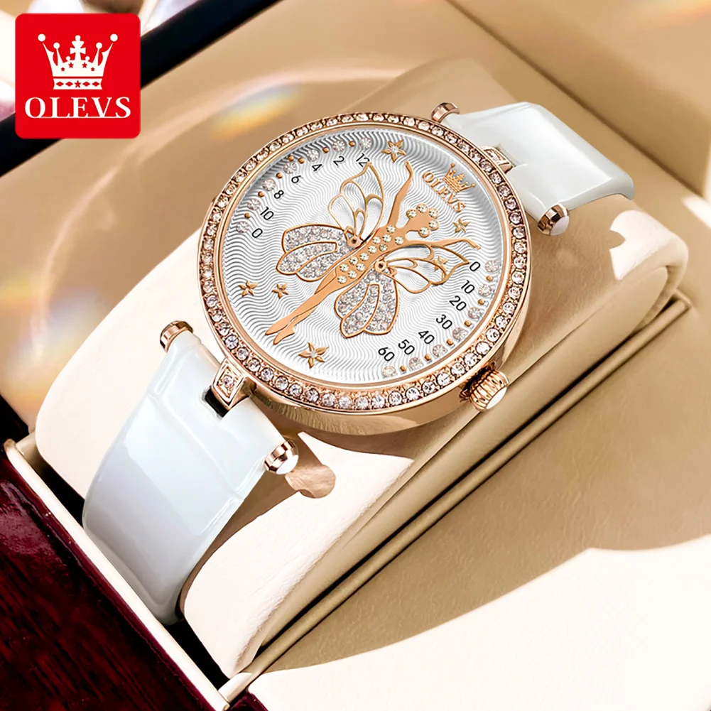 Olevs Fashion Women Quartz Watch Fashion Diamond Butterfly Dials Ladies Wrist Watches Waterproof  Clock Causal Leather Watches