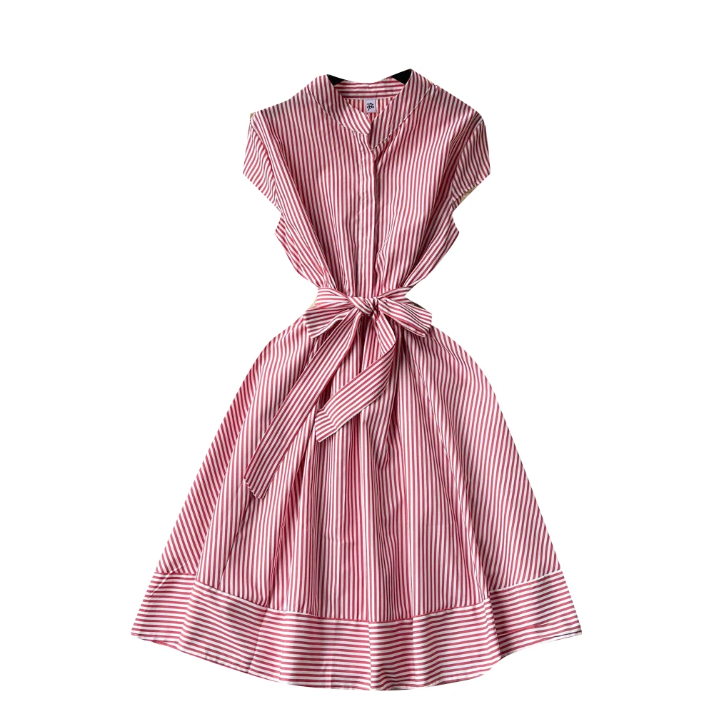 여성 스트라이프 셔츠 드레스 라운드 칼라 싱글 브레스티드 레이스업 타이트 허리 A라인 2025 여름 오피스룩 원피스