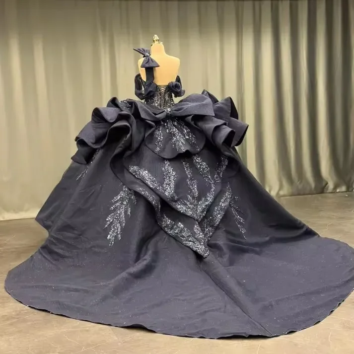 

Индивидуальные черные платья для выпускного бала Quinceanera, бальное платье на одно плечо с аппликацией, кружевом, бисером, бантом, из фатина, для Sweet 16, Vestidos 15 De Anos 0203