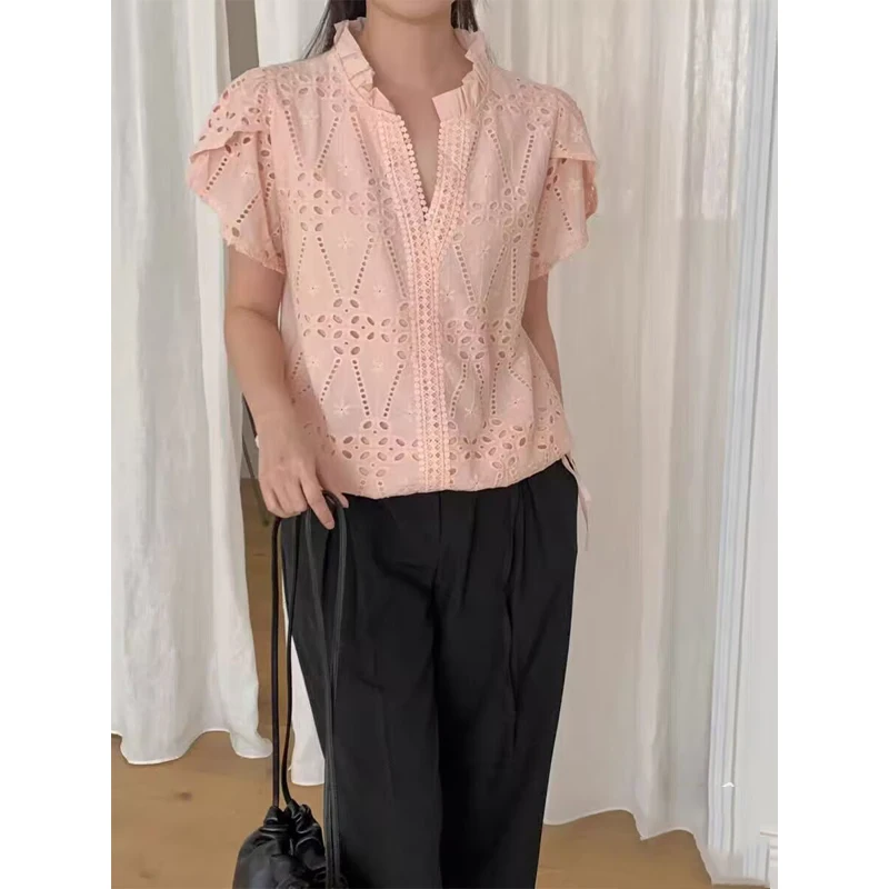 

Korean Style Stand Collar Shirt Women's Bubble Sleeve Hollow out Belted Splice Breathable Summer New Fashion Top