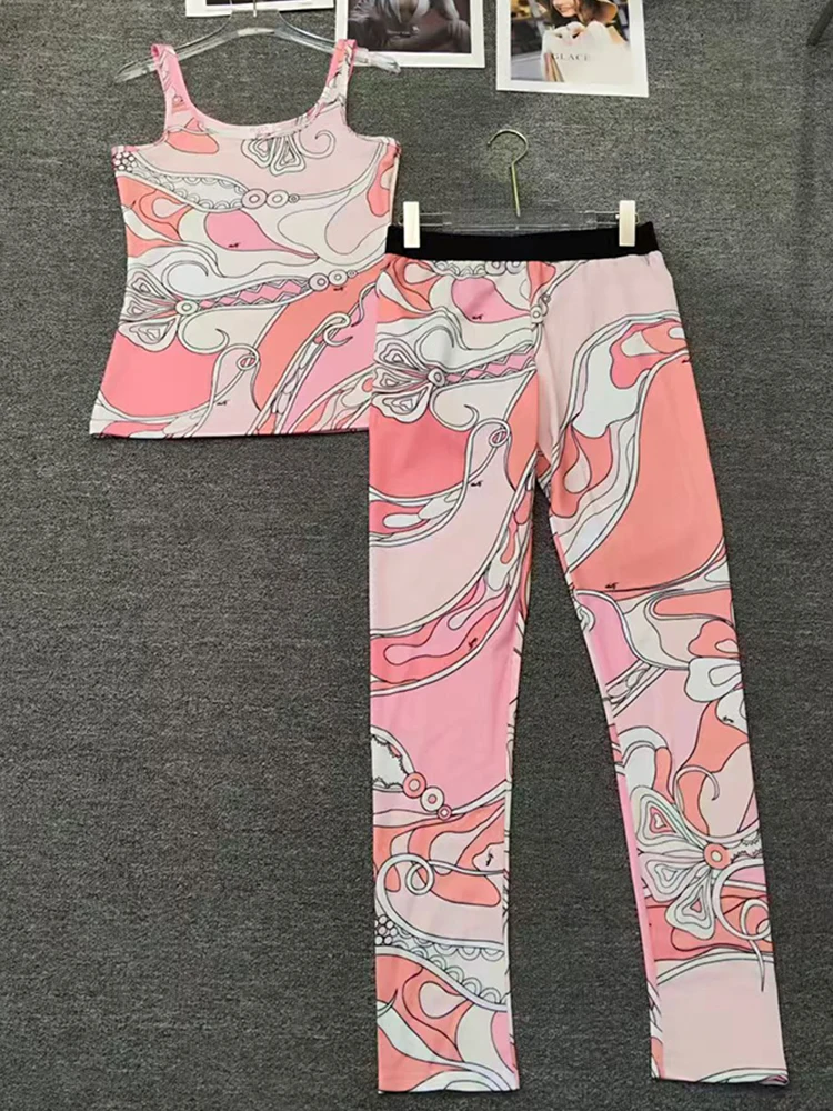 Designer Retro Printed Knitted Vest Tops Two-piece Set 2026 Summer Women's Clothing + Stretch Tight Pants Fashion Set