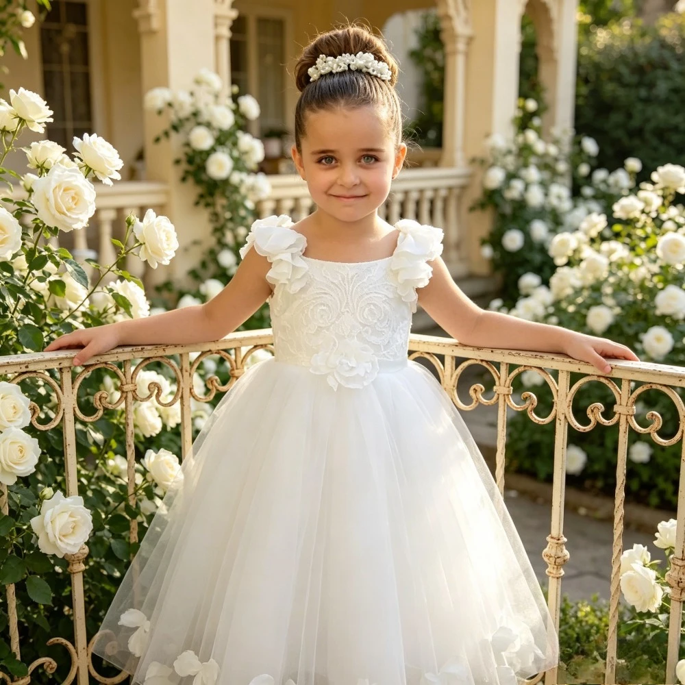 Customized Backless Round Neck Pleated Wedding Dresses 2026 Flower Girl Chiffon with Pearl Back Floor Skirt Suitable for Beach