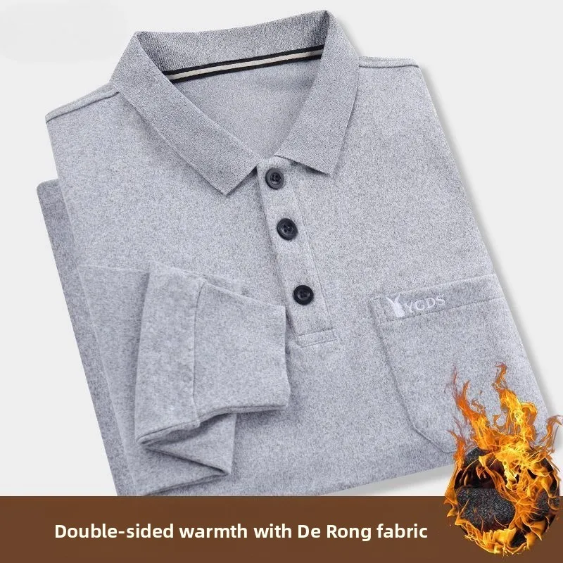 Double-Sided Thickened Long Sleeve  Shirt Men's Loose Warm Button-Up Collar T-Shirt for Autumn Winter Casual Wear