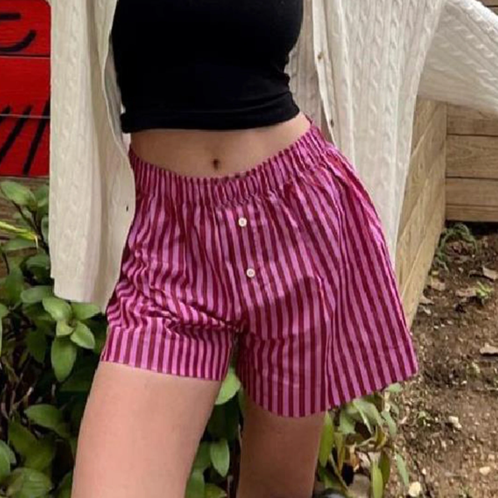 Women Summer Shorts Elastic Waist Solid/Striped Shorts Loose Casual Shorts for Casual DailyStreetwear