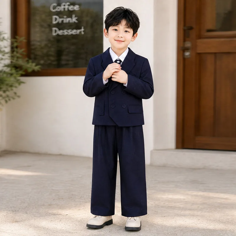 2026 New Boy's Double-breasted Formal Wedding Suit School Kids Piano Performance Costume Children's Birthday Party Dress