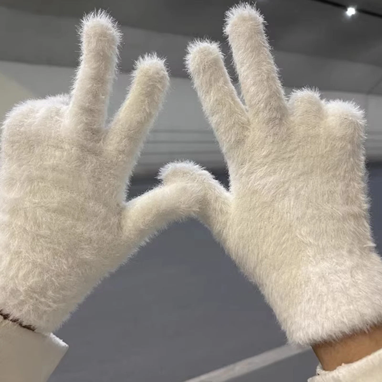 1 Pair Winter Mittens Faux Rabbit Fur Soft For Cold Weather Warm Plush Connected Finger Gloves Women's Handwear Durable Gloves