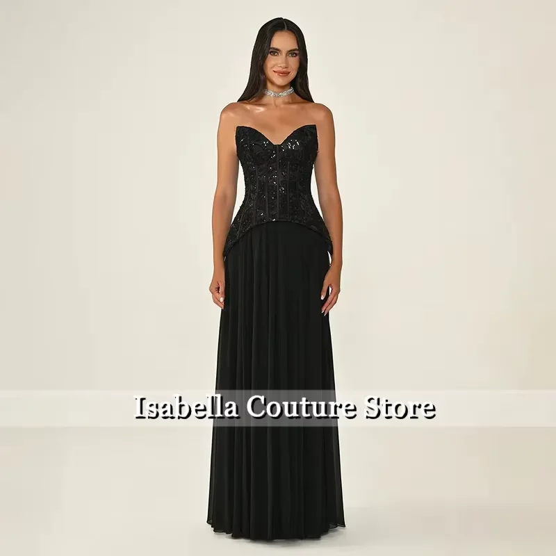 

Black Corset Evening Dresses for Women Strapless Backless A Line Chiffon Prom Dresses Floor Length Formal Party Gowns Customized