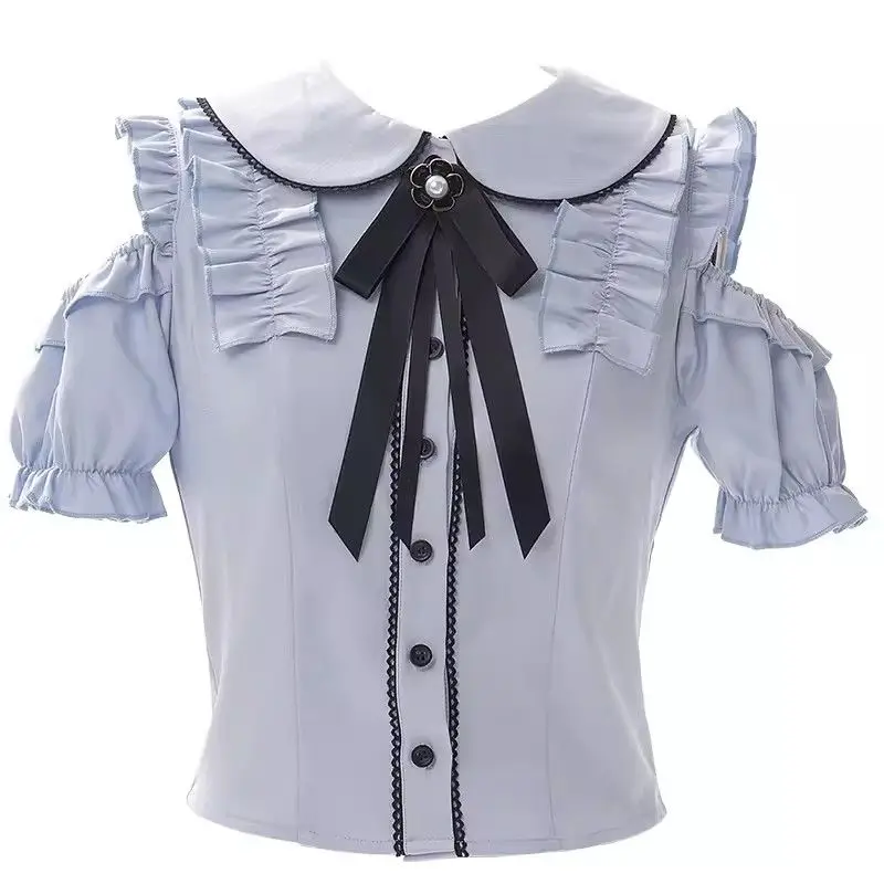 Japanese Kawaii Girl Sweet Lolita Blouse Hollow Out Shirt Y2k Aesthetic Lace Bow Ruffled Women JK Loose Blusas Elegant Camisas