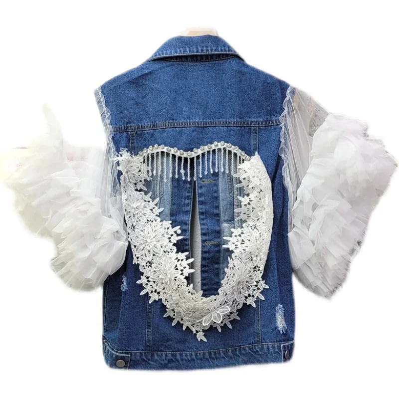 Tassels Lace Sticthing Denim Vest Coat Back Love Hollow Diamonds Fringed Embroidery Jeans Waistcoat Mesh Spliced Vests Tank Tops