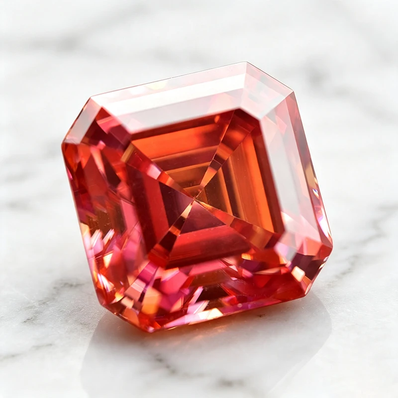 Moissanit-Stein im Asscher-Schliff, Wassermelonenrot, Edelstein für DIY-Ringe, Halsketten, Ohrringe, besteht den Diamanttest mit Zertifikat. – Detail 3