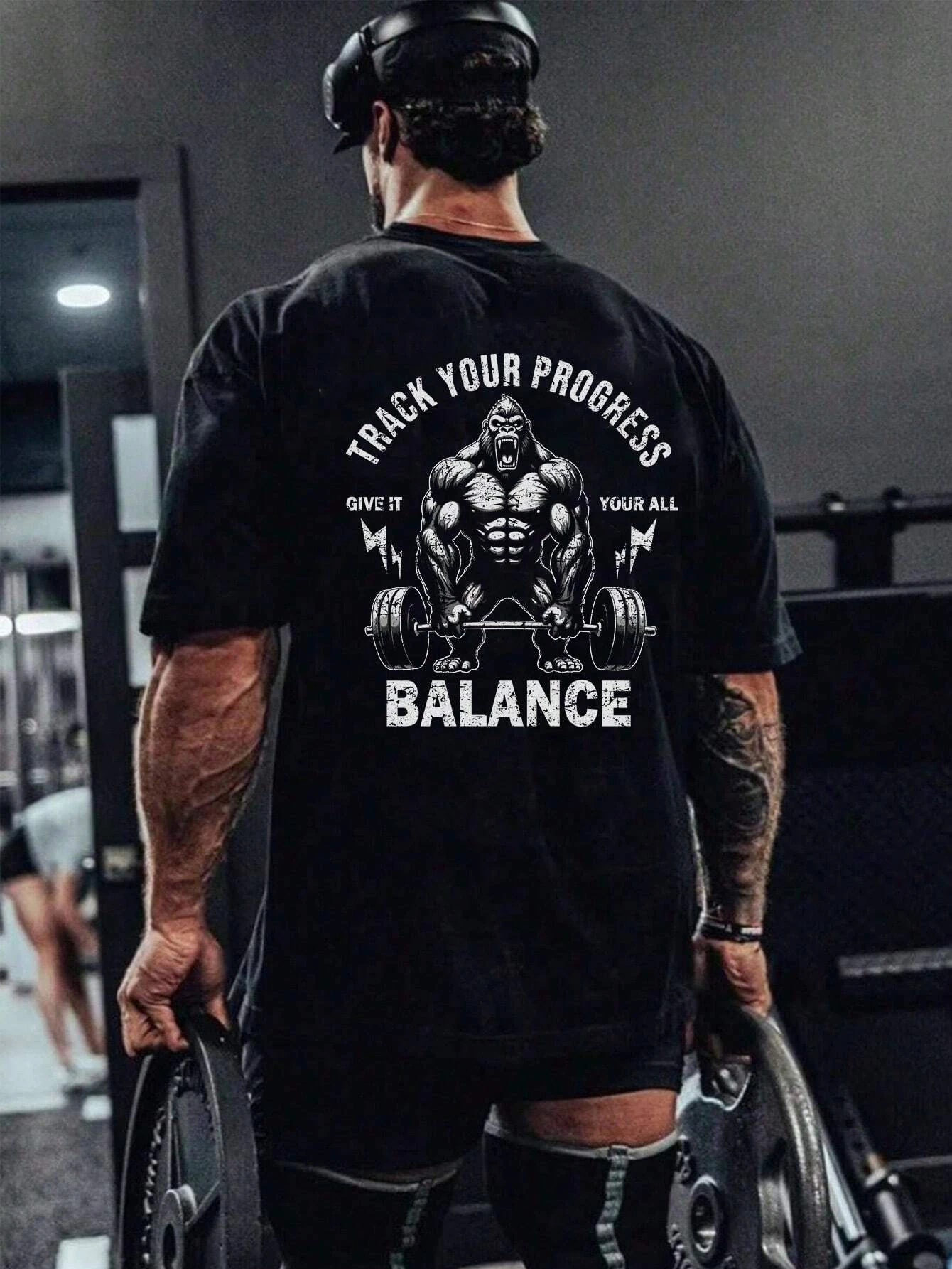 Herren-Sport-T-Shirt mit Slogan und Gorilla-Print, Rundhalsausschnitt, kurzärmelig, Fitness-Top, atmungsaktives Frühlings-/Sommer-Mode-T-Shirt