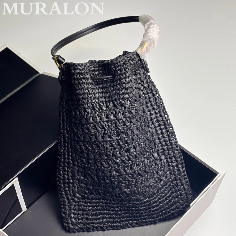 Fashion Versatile Straw Woven Small Tote Bag Summer New Drawstring Hollow Casual Shoulder Underarm Bag Embroidered Square Bag