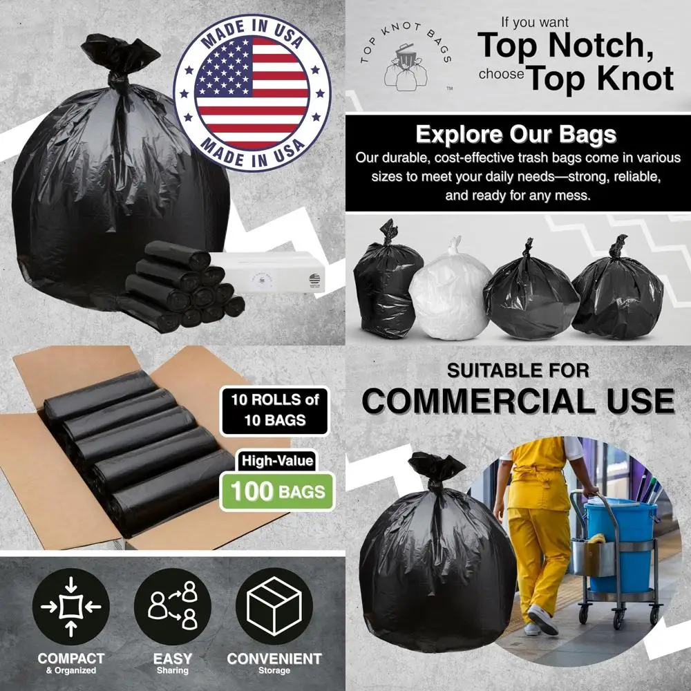 

45 Gallon Heavy-Duty Black Trash Bags, 100 Pack, Fits 40-44 Gallon Cans, Made in USA