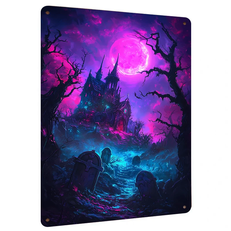 Gothic Purple Castle Moonlight Metal Wall Art Halloween Decor Horror Theme Home Decorative Hanging