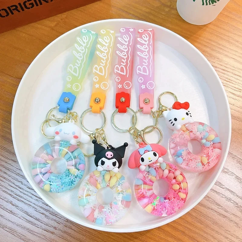 New cute Sanrio Donut Kuromi Cinnamoroll Hello Kitty keychain acrylic quicksand bottle cartoon doll bell backpack pendant gift