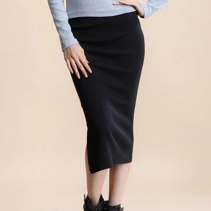 

Autumn Winter Women Black Skirts Sexy Chic Pencil Skirts 2025 Slim Fit Female Faldas Rib Knit Long Package Hip Split Waist Skirt