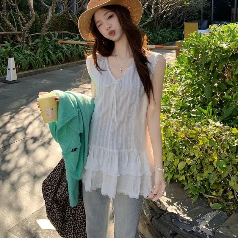 Sleeveless Lace Patchwork Korean Vest Summer Solid Loose All-match Youth Fashion T Shirt Tops Sweet Elegant Trend Women Clothing