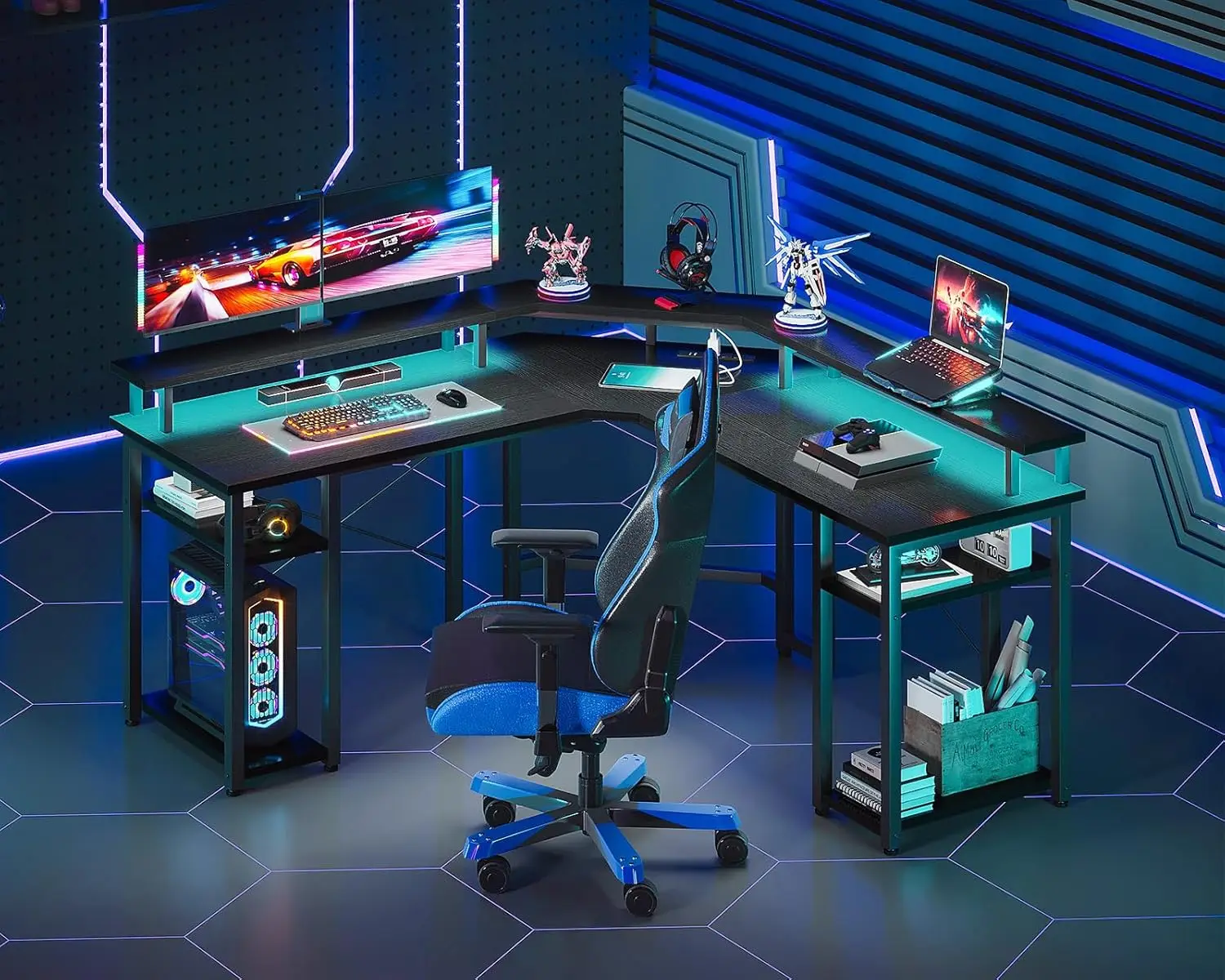 Gaming Desk L Shaped com luzes LED e Tomadas de Energia, mesa do computador reversível, Suporte Monitor completo e Armazenamento, 56"