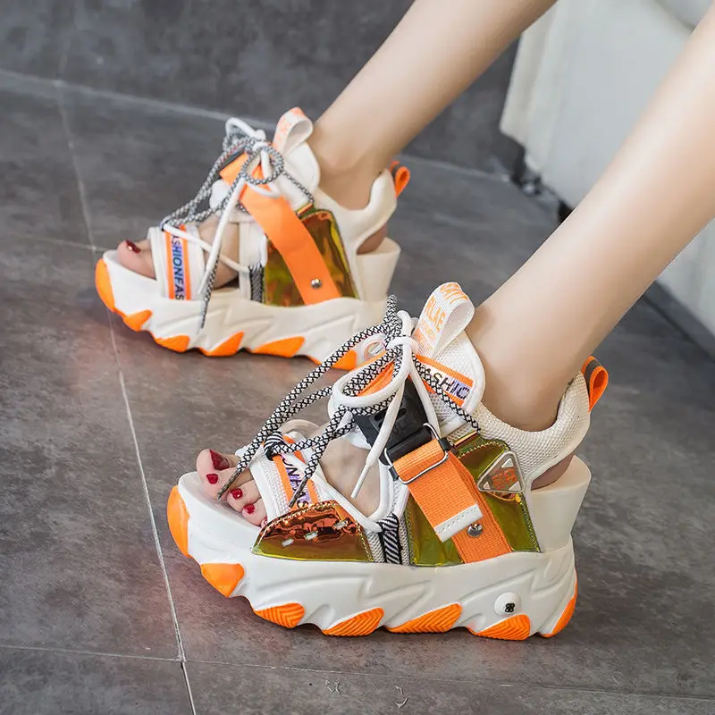 Comemore Leisure Lady Platform Chunky Sandals Mixed Color Shoes Sports Wedge White Sandals Women High Heel Beach Casual Shoes 34