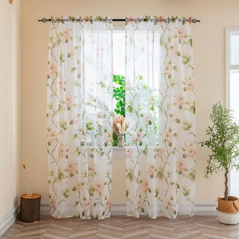 

2PCS Floral Tulle Curtains For Living Room White Sheer Curtains For Bedroom Door Short Kitchen Window Curtains Drapes decoration