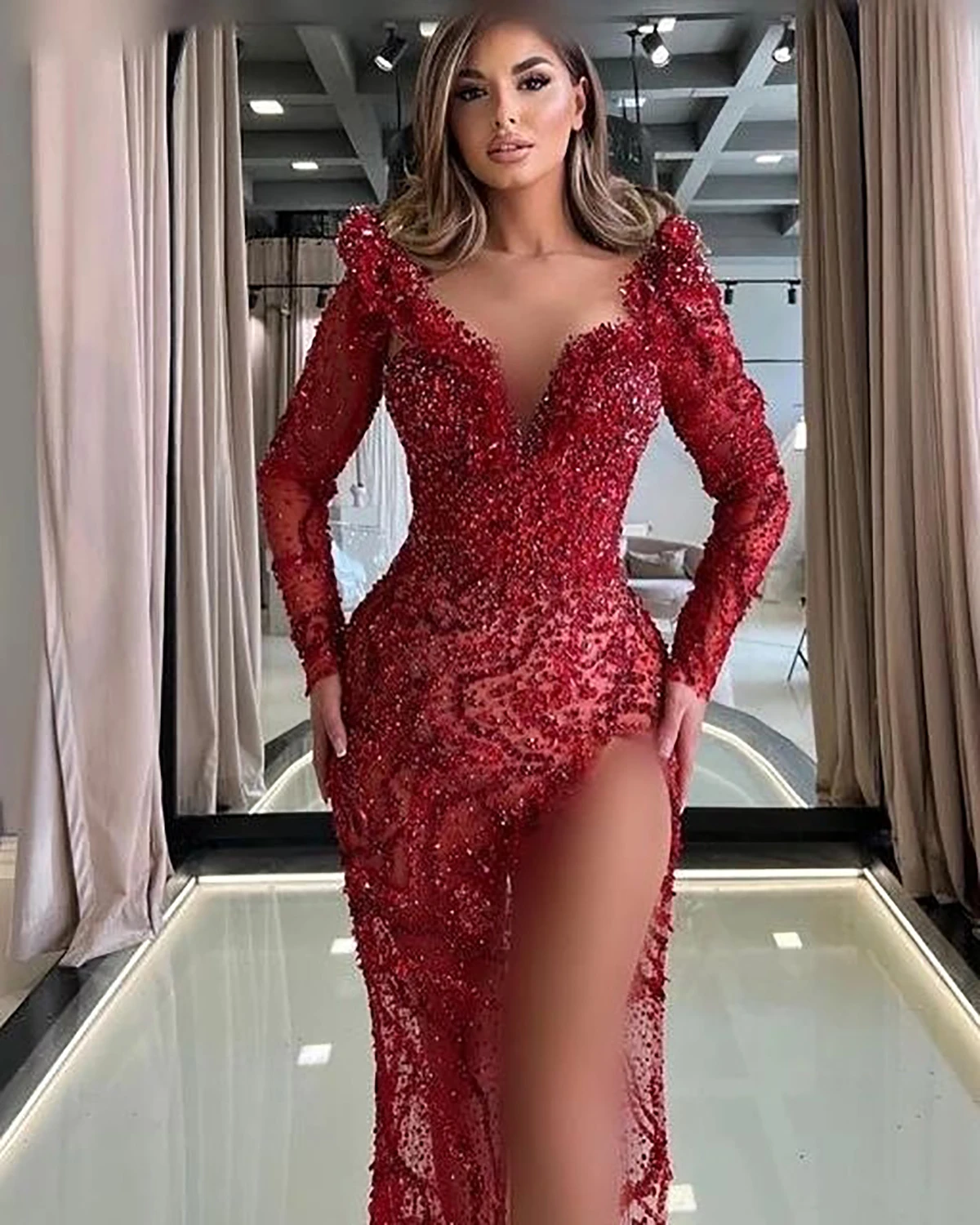 Charming Red Mermaid Wedding Dress Sequins Beading Bridal Gowns With Detachable Train Custom Made Vestidos De Novia Sirena