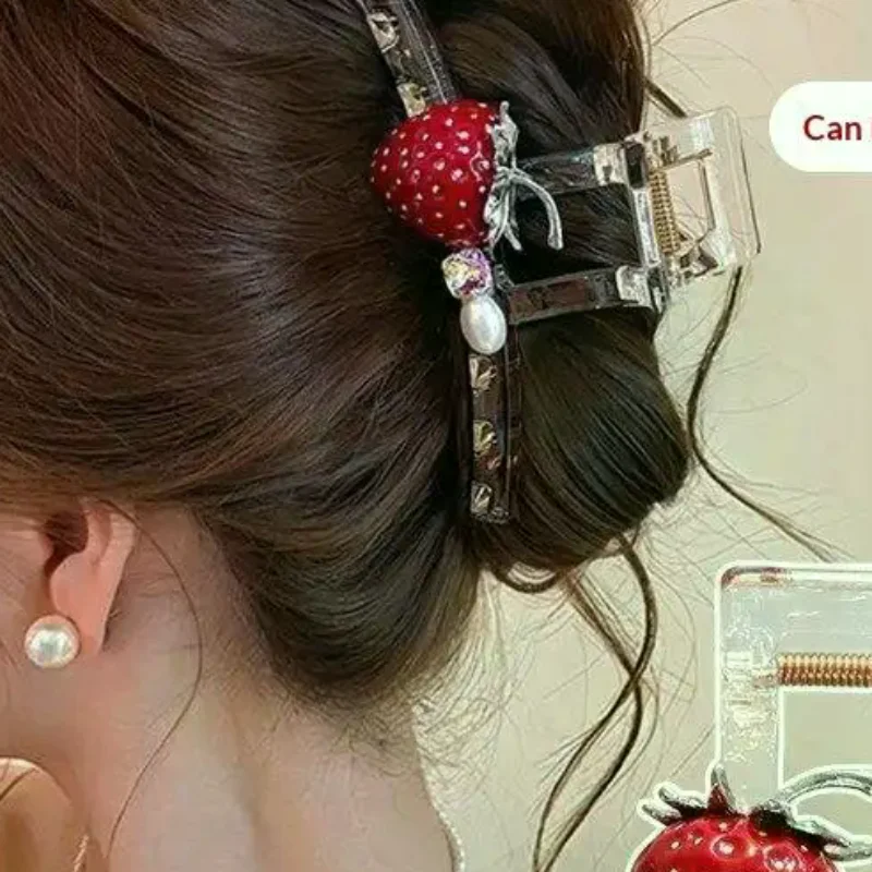 Polka Dot Hair Claw Clip With Strawberry Decor Non Slip Grip For Daily Party Womens Hair Accessory