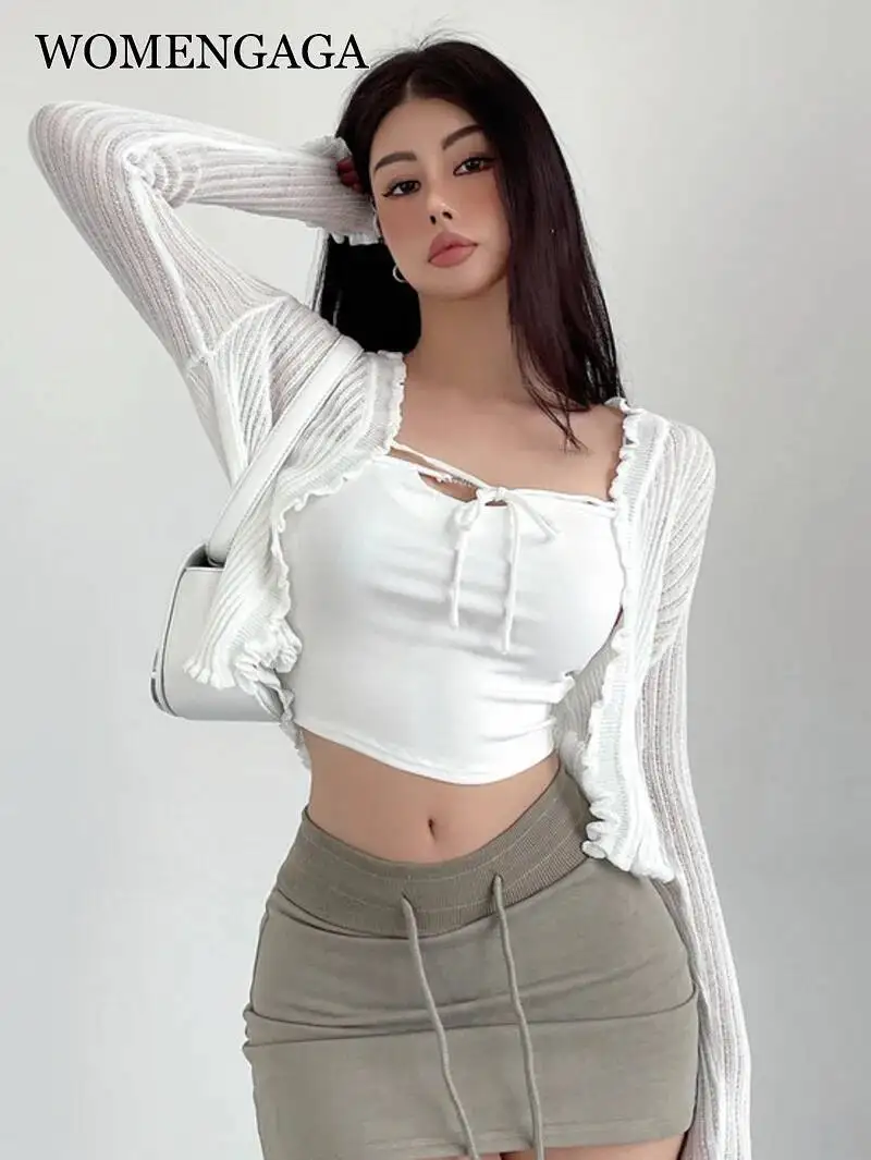 WOMENGAGA Summer Thin Strap Knitwear Women Tops Sweet Sweater Shawl Short Top Sweet Korean Women Tops 2023 Fashion 0R2T