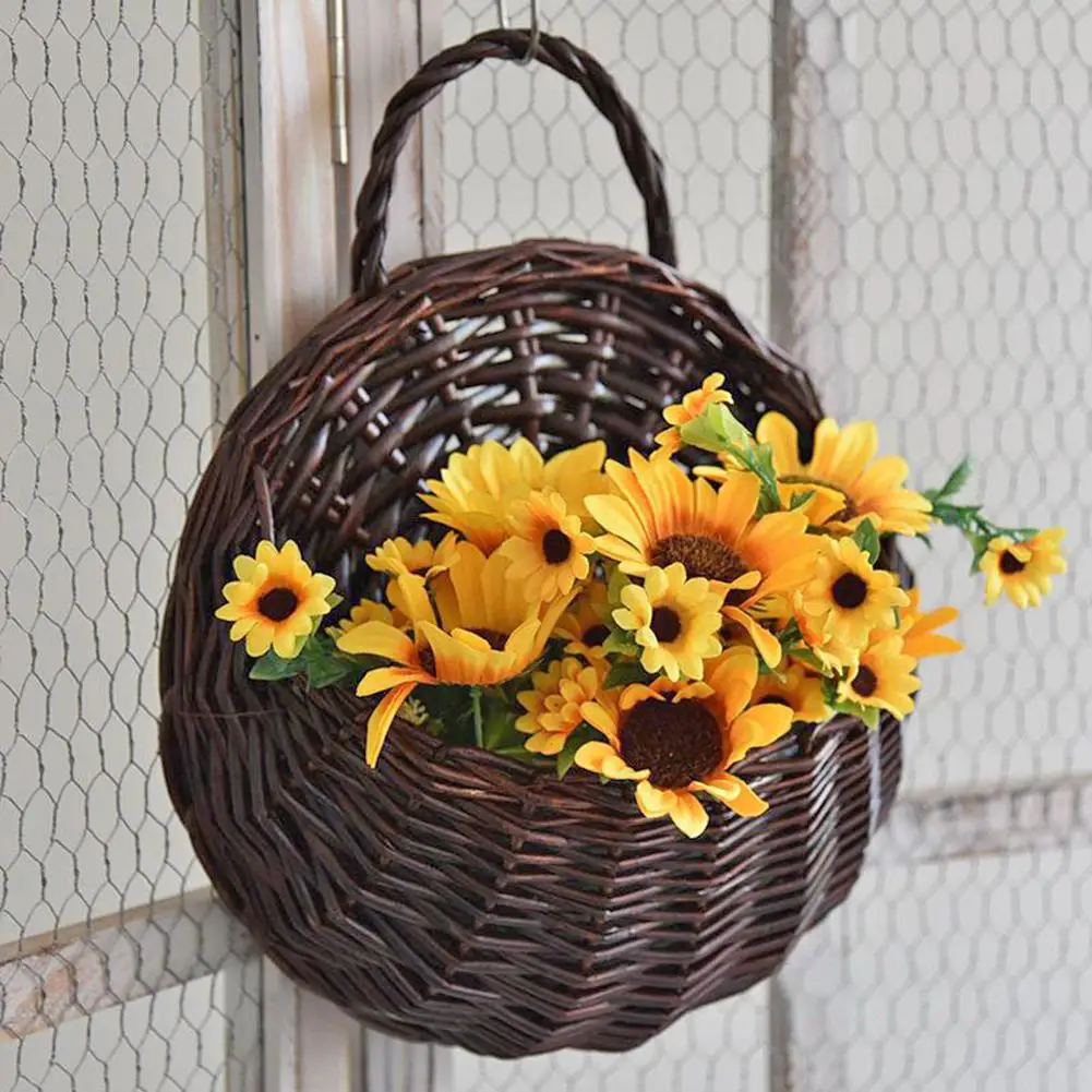 Wall Mount Wicker Flower Pot Hanging Woven Rattan Vase Basket Decor (White)