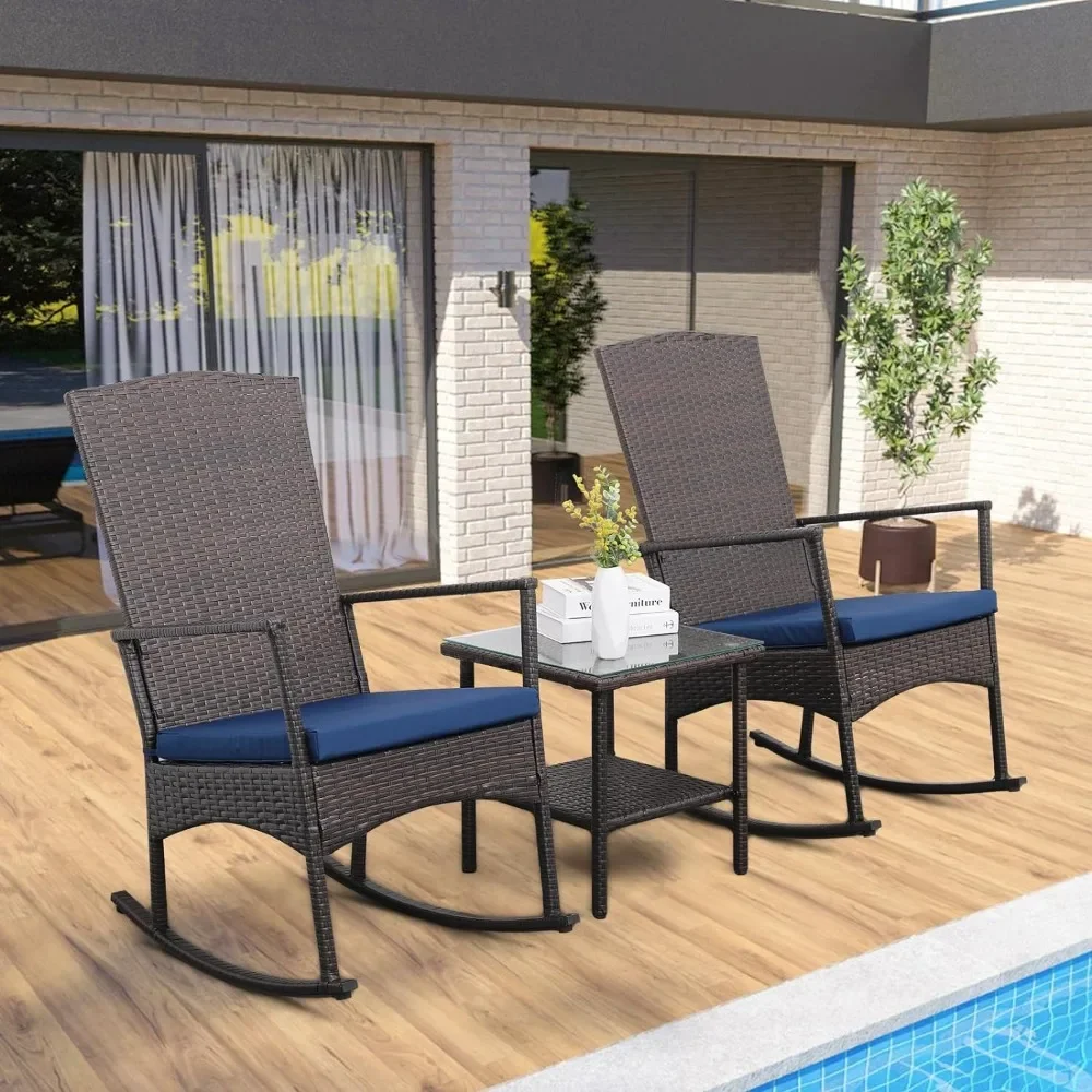 3-Piece Rattan Rocking Chair Set, Pátio de Vime e Bistro, Marrom e Rattan Móveis Conjuntos com Mesa de Café, Almofada Azul Marinho