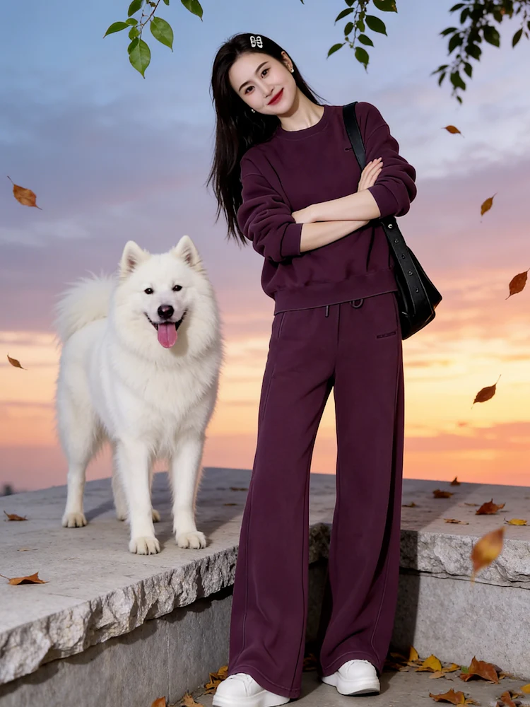 

Весенний женский фиолетовый спортивный костюм 2026: свитшот и брюки с высокой талией, прямые штанины, повседневный крой, комплект из двух предметов