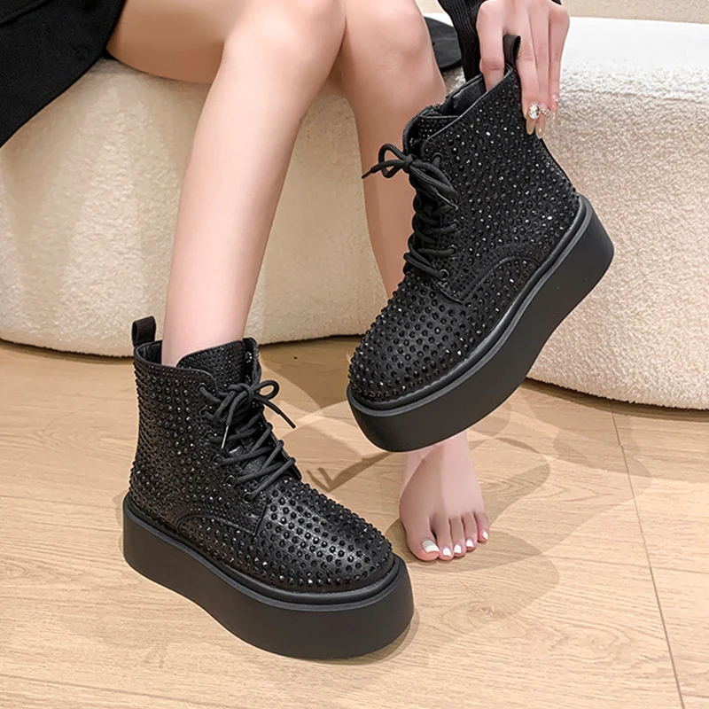 Crystal Flats Platform Woman Ankle Boots Luxury Shoes 2025 Trend Brand Fashion Zipper Chelsea Boots Casual Walking Mujer Botas