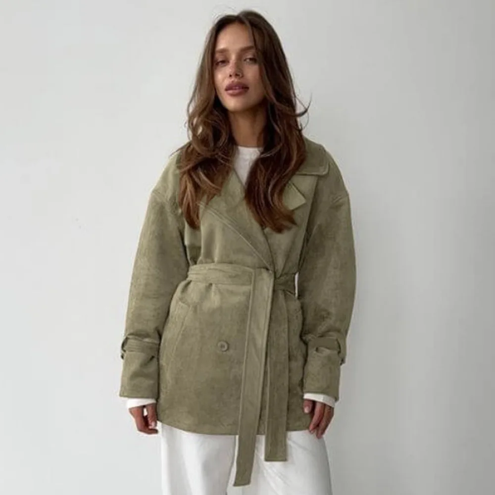 Vintage Suede Jacket Women Autumn Winter  Turn Down Collar Tie Waist Casual Outerwear