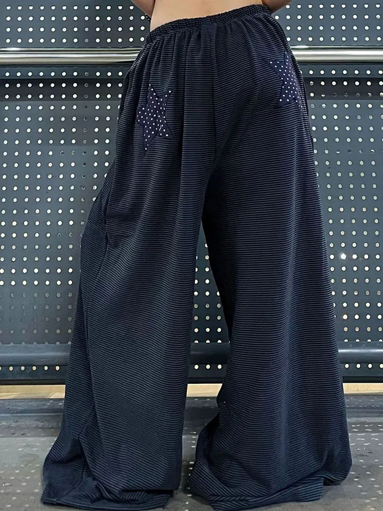 スター刺繍パンツ女性ヴィンテージストライプストリート原宿ワイドレッグパンツハイウエストルーズカジュアル怠惰な風ジャズパンツ
