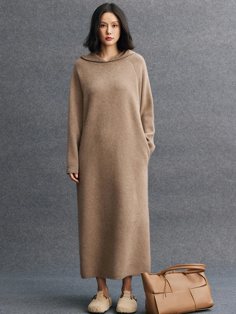 

TLOML Women 100%Cashmere Sweater Dresses Hoodie One-piece Dresses Autumn Winter Thick Soft Cashmere Knitwear Casual Simple Style